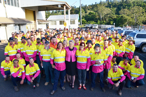 Lismore City Council Purchasing Officer Rod Thistleton, Mayor Jenny Dowell and Technical Officer Carolyn Moynihan (front) with Council staff in their pink workshirts supporting the Real Men Wear Pink campaign.